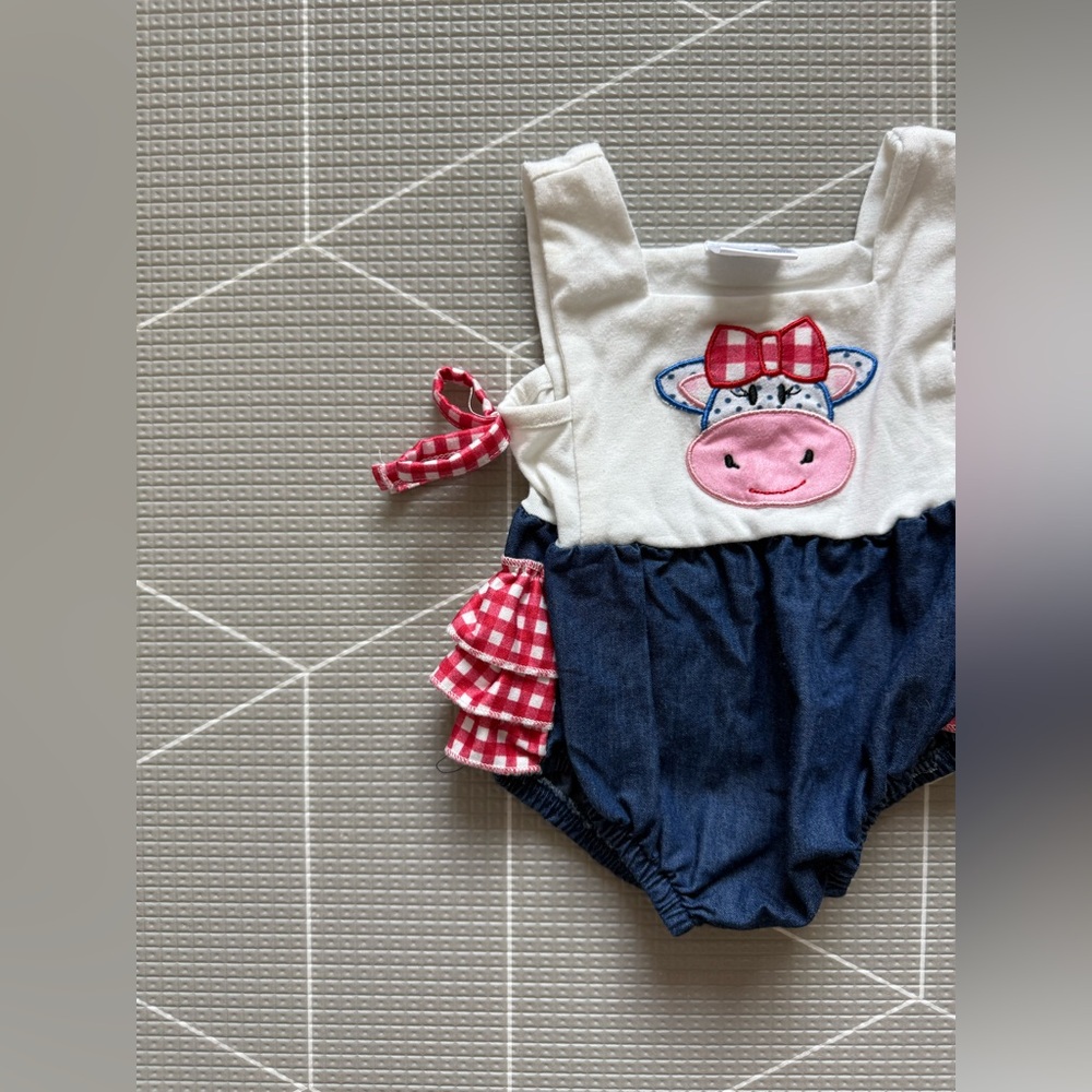 Small shop|Baby girl Cute Cow sleeveless denim Romper,summer gingham style•••